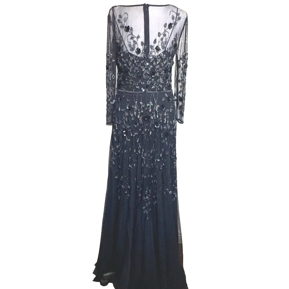 THEIA Beaded Floral Illusion Sleeve Evening Gown Gala Regency Glam Dress Navy 10